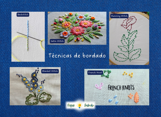 Técnicas de bordado. Ponto Atrás (Backstitch). Ponto Cheio (Satin Stitch). Ponto Corrido (Running Stitch). Ponto Caseado (Blanket Stitch). Ponto Nó Francês (French Knot)