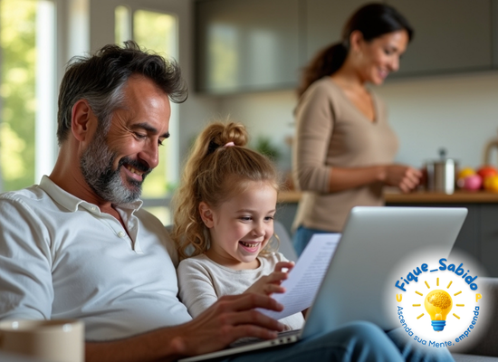 Família unida enquanto um dos pais trabalha em casa